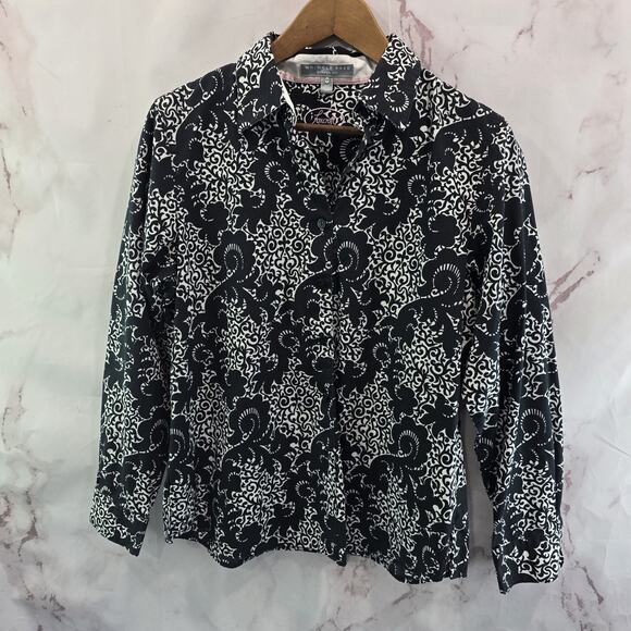 Foxcroft Shirt Womens 10 P Black White Button Up Wrinkle Free Non Iron Popover - Picture 1 of 14